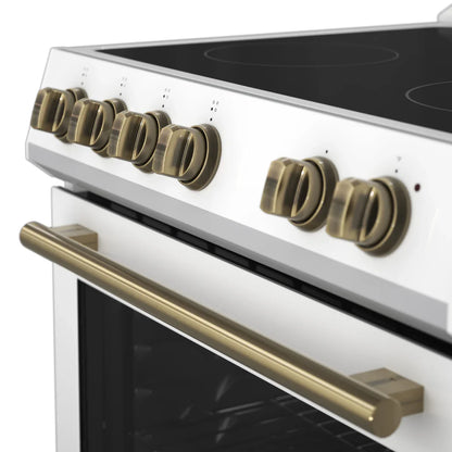 Forno Leonardo Espresso 30-Inch Electric Range, 5.0 cu. ft., White, Antique Brass Handles (Model FFSEL6012-30WHT)